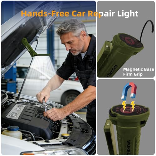 LED Work Light Rechargeable Flashlight, Tool Gifts for Fathers Day Dad Hubby Men Him Husband Mechanic Torch Grill Light Inspection Lamp Magnetic Base 5 Modes 360° Rotate Car Emergency Repair Green - color: Green