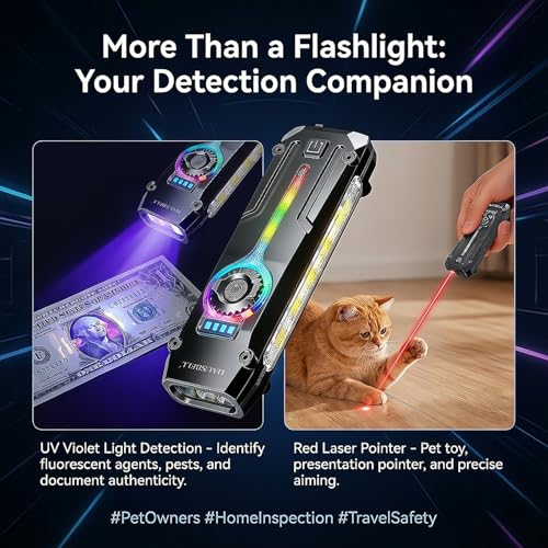 HAUSBELL Flat EDC Flashlight,1800 Lumen UV Magnetic Rechargeable Pocket | Stepless Dimming Dial,Stainless Steel Body,RGB+UV,USB-C Fast Charge,Magnetic Base,Waterproof, for Work,Camping & Emergency - color: Black