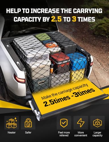 AUTOWN Cargo Net for Pickup Truck Bed - Stretchable 4' x 6' to 8' x 12' with 4" x 4" Mesh, Heavy Duty 10mm Cord Bungee Bed Netting with 12 Metal Carabiners - Ideal for ATV, SUV, UTV and Truck - size: 4' x 6'
