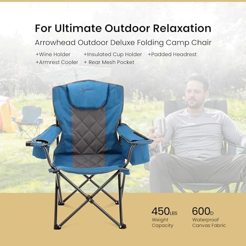 ARROWHEAD OUTDOOR 2-Pack Portable Deluxe Folding Camp Quad Chair w/Headrest, Glass & Cup Holders, Armest 6-can Cooler, Heavy Duty Carry Bag, 550 lbs Weight Capacity - color: Blue 2pack