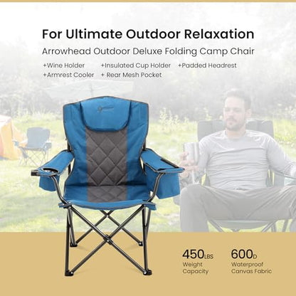 ARROWHEAD OUTDOOR 2-Pack Portable Deluxe Folding Camp Quad Chair w/Headrest, Glass & Cup Holders, Armest 6-can Cooler, Heavy Duty Carry Bag, 550 lbs Weight Capacity - color: Blue 2pack