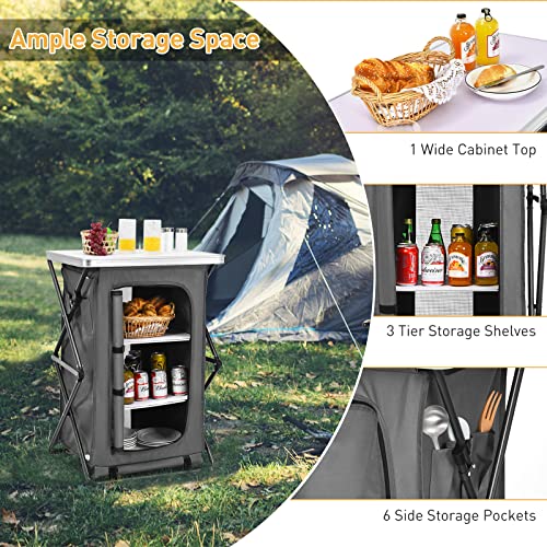 Goplus Folding Camping Storage Cabinet, Pop Up Outdoor Camping Kitchen Station with Large 3-Tier Storage Organizer, Carry Bag, Easy Set Up Portable Compact Camping Table for BBQ Picnic Backyard (35'') - size: 35''
