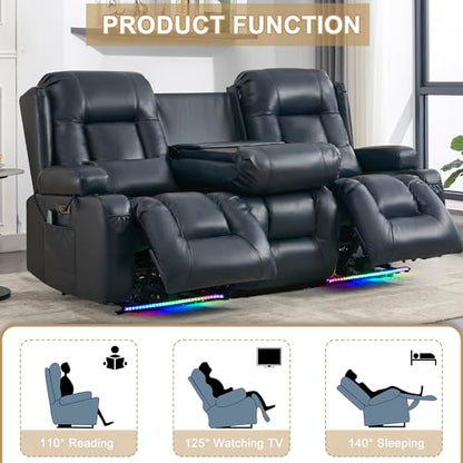 URRED Power Loveseat Recliner Sofa with Massage and Heat, Wall Hugger Reclining Loveseat with Console, RV Couch Home Theater Seating with LED Lights for Living Room (Dark Blue, 76.8" - 3 Seats) - color: Dark Blue, size: 76.8" - 3 Seats