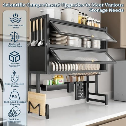 4-Tier Dish Drying Rack with Cover – Above Sink Kitchen Storage Rack, Large Space-Saving Shelf for Dishes, Glasses, Bowls & Cutlery, Black (W-38'') - size: W-38''