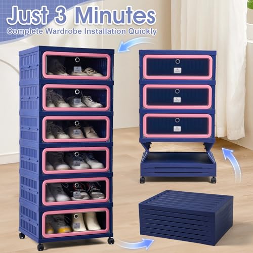 SAYMA Foldable Shoe Rack Organizer, Collapsible Shoe Cabinet with Magnetic Clear Door, Large Plastic Folding Shoe Cabinet, Easy Assembly Shoe Shelves Organizer for Entryway, 6 Tiers-12Pairs - size: 6 Tiers Blue & Pink