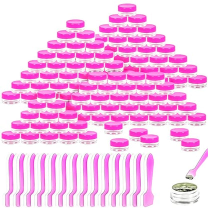 100 Pcs 3g Empty Plastic Containers with Lids,Tiny Makeup Sample Containers, Small Pot Jars Pink Round Cosmetic Jars with 20 Pcs Mini Spatulas for Liquid Sample Powder Creams (Pink Lid) - color: Pink, size: 100PCS