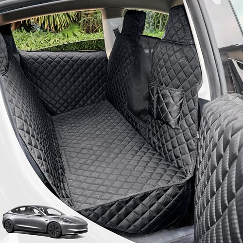 PETICON Dog Seat Covers for Tesla Model 3 & Y Back Seat with 2 Pack Door Protectors, 100% Waterproof Dog Hammock for Tesla with Mesh Window & Headrest Protection Prevents Scratches and Scuffs - color: black