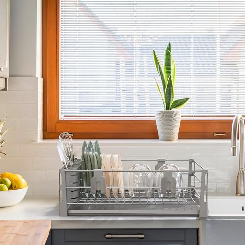 Simple Houseware Dish Drying Rack with Drainboard, Utensil Holder & Mug Hooks, Silver Metal Kitchen Counter Organizer - color: Silver