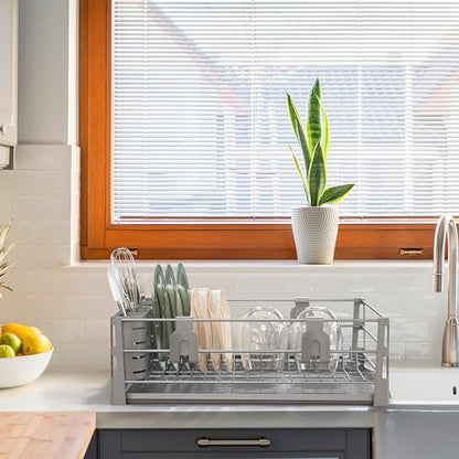 Simple Houseware Dish Drying Rack with Drainboard, Utensil Holder & Mug Hooks, Silver Metal Kitchen Counter Organizer - color: Silver