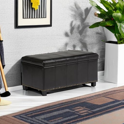 SIMPLIHOME Amelia Storage Ottoman - 33 inch Wide Vegan Leather Rectangle Storage Ottoman Bench in Midnight Black, Transitional Ottoman for Living Room with Nailhead Trim and Lift-Up Lid - color: Midnight Black