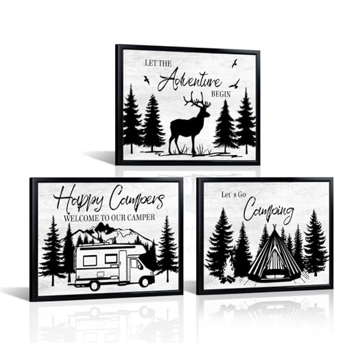 HOMEOART Camping Wall Decor RV Adventure Painting Camper Decor Art Print with Black Frame, Camper Living Room Bathroom Bedroom Decoration,Framed 12x16inchx3Pieces,Black and White