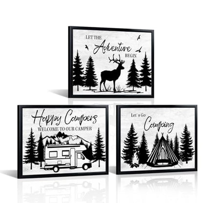 HOMEOART Camping Wall Decor RV Adventure Painting Camper Decor Art Print with Black Frame, Camper Living Room Bathroom Bedroom Decoration,Framed 12x16inchx3Pieces,Black and White