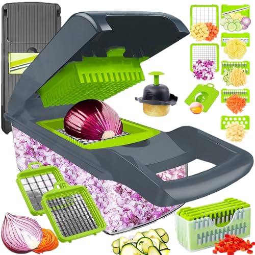 Vegetable Chopper Dicer with Container | Cheese Grater Mandoline Slicer Cabbage Shredder French Fry Cutter Stainless Steel for Veggie Onion Potato Fruit Food, Manual Hand Cooking Gadget for Kitchen - color: Gray, size: 8 Blades