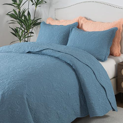 HoneiLife Queen Quilt Bedding Sets - Lightweight Bedspreads 3-Piece, Microfiber Quilt Sets Reversible Coverlets Rustic Bed Cover Damask Pattern Bedding Sets All Season Use - color: Dusty Blue, size: Queen/Full-90"x96"