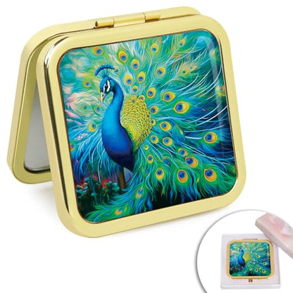 Magnifying Compact Peacock Cosmetic Mirror 2.8 Inch Square Handheld Travel Pocket Makeup Mirror Gold - color: Golden 4