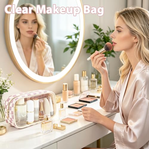 Fammart Clear Travel Makeup Bag for Women, TSA Approved Checkered Cosmetic Bag Make Up Car Organizer Case with Zipper, Large Waterproof Pouch Purse Toiletry Bag for Skincare, Brushes Travel Essentials - color: Clear, 2PCS - Dusty Pink Checkered