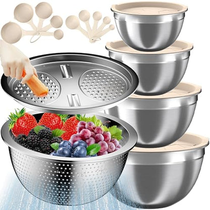 Mixing Bowls with Lids Set, 16PCS Stainless Steel Mixing Bowls,Nesting Storage Bowls for Kitchen with Mixing Bowls Set, Colander, Strainer & Grater , Metal Salad Bowl for Kitchen Gadgets , Cream - color: Cream