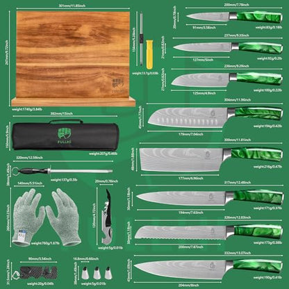 FULLHI 15pcs Japanese Knife Set with Magnetic Knife Block Holder, Japan Stainless Steel Blades, Green Resin Ergonomic Handles for Professional and Home Cooking - color: Green, size: Magnetic Block Knife set