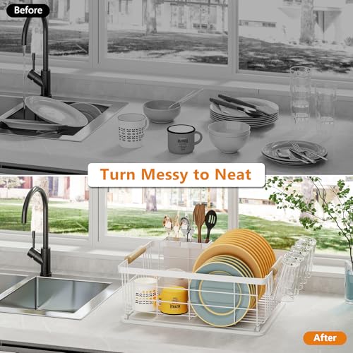 Dish Drying Rack White with Diatomaceous Earth 1 Tier,Multifunctional Dish Racks for Kitchen Counter Quick-Drying,Large Capacity Space Saving with Cutlery Cups Holder - color: White, size: 1 Tier