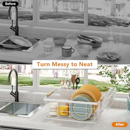 Dish Drying Rack White with Diatomaceous Earth 1 Tier,Multifunctional Dish Racks for Kitchen Counter Quick-Drying,Large Capacity Space Saving with Cutlery Cups Holder - color: White, size: 1 Tier