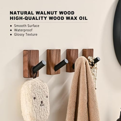 4 Pack Wooden Wall Hooks for Hanging, Adhesive Mounted & Wall Mount Boho Decorative Walnut Wood Coat Hooks for Towel Clothes Blanket Hat Backpack Robe Nursery Door Board Entryway Key Holder - size: 3.1 inches