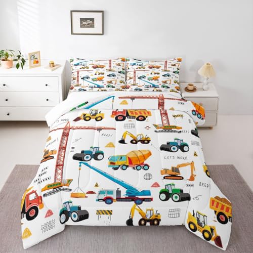 Erosebridal Cartoon Car Kids Comforter Set Truck Bedding Set Decor Construction Excavator Tractor Quilted Duvet Heavy Machinery Digger Mixer Down Comforter for Children Boys Teens 3Pcs Queen - color: Multi 22, size: Queen