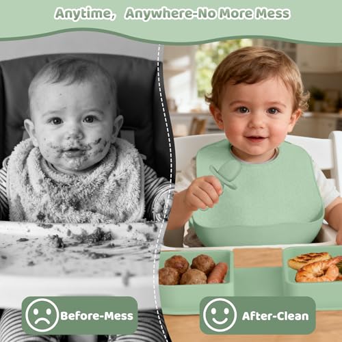 Green Foldable Silicone Baby Feeding Set, Portable Travel Baby Feeding Essentials Including Toddler Plates, Silicone Baby Spoon&Fork, Adjustable Foldable Bib, Portable Infant Toddler Utensils - color: Green