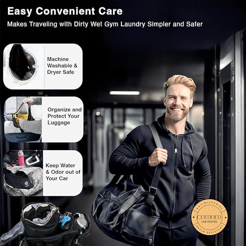 Ornadi Antimicrobial Wet Gym Clothes Bag Waterproof Bacteria Odor Control | 2-layer flex-fit stain-resistant bag inhibits odor-causing bacteria. Machine washable. For gym, sweat, swim & travel laundry