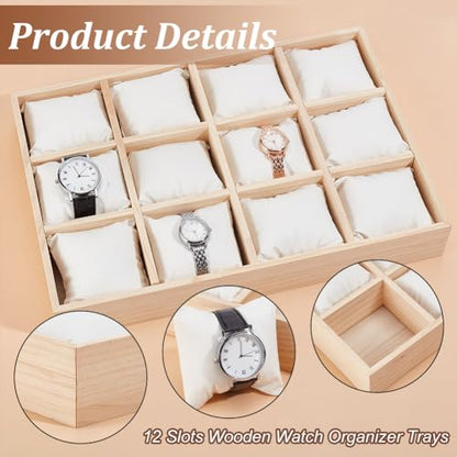 PH PandaHall 12 Slot Wooden Watch Organizer Tray Display Holder with Removable PU Leather Pillows, Stackable Jewelry Bracelet Storage Tray for Drawer Watch Display Showcase, White - color: White