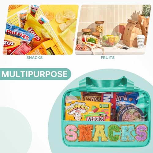 Snack Bags Chenille Letter Patch Clear Bag Snacks Bag for Travel, Preppy Cosmetic Bag Snacks Pouch with Zipper, Toiletry Bag for Traveling women, Clear Travel Bags for Toiletries (Green) - color: Green