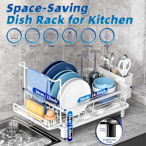 Dish Drying Rack, Stainless Steel-Dish Rack, Dish Racks for Kitchen Counter, Kitchen Dish Drainers with Removable Utensil Holder,New drain outlet,Plate Rack and Drainboard,(white 2 with Sponge Rack) - color: White 2