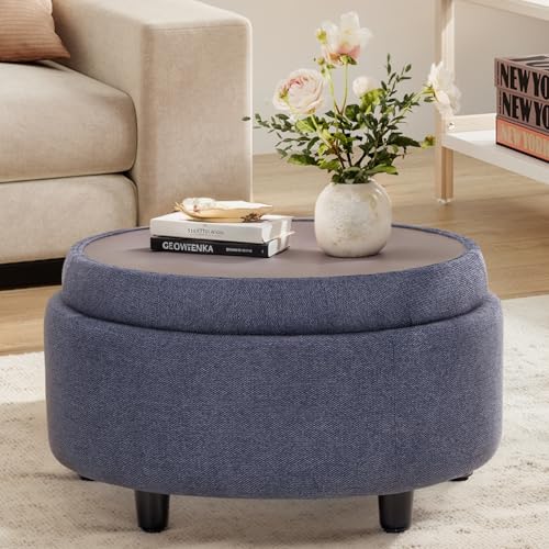 COLAMY Fabric Round Storage Ottoman with Reversible Tray Lid – Multi-Functional Footrest, Hidden Storage, Sturdy & Stylish Small Coffee Table for Living Room, Bedroom, or Entryway(Blue) - color: Blue