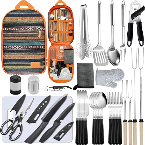 Camping Cooking Utensils Set - Camping Utensil Set Car Camping Cooking Essentials Gear for Camp Kitchen Cooking and Grilling, Stainless Steel & Silicone Ideal Gift for RV Tent Camper - color: National style-31Pcs