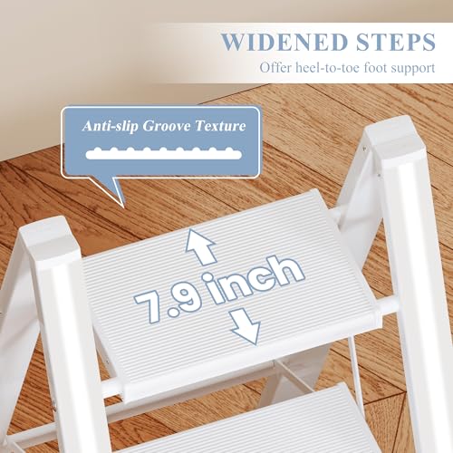 3 Step Ladder, Folding Step Stool with Wider Pedal, Anti-Slip Feet & Non Slip Stripes, Aluminum Sturdy Material, 300Lbs Capacity, Elegant Look of Modern White Better Matches Your Home - color: White, size: 3 Step