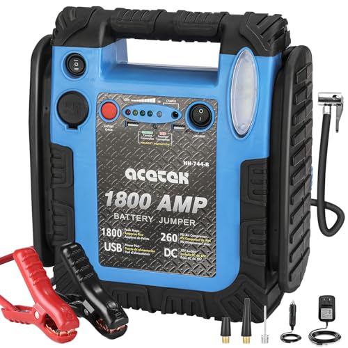 1800A Jump Starter with Air Compressor – Auto Battery Booster for 6.0L Gas/6.0L Diesel, 260PSI Tire Inflator, 20000mAh Power Bank with USB Charging & LED Emergency Light