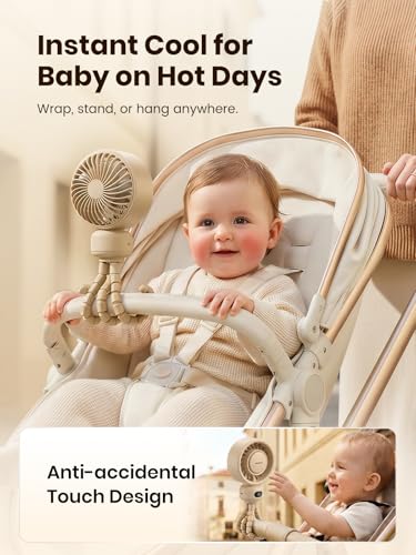 Warmco Portable Stroller Fan, 4000mAh Rechargeable Clip On Fan with Flexible Tripod (Up to 15H), 4 Speeds, LED Display, Detachable Grille, Quiet Operation, for Car Seat, Crib & Treadmill - color: Beige