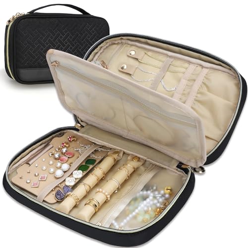 emissary Travel Jewelry Case Organizer for Necklace & Earrings, Black | Padded slots & necklace ties keep jewelry tangle-free; double-zip, water-repellent travel case for rings & earrings - color: Black