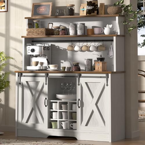 BestHaped Farmhouse Coffee Bar Cabinet with 3 Tier Storage Hutch, 47'' Coffee Bar Station with Sliding Barn Door, Hutch Storage Cabinet with 9 Wine Racks & 9 Hooks for Kitchen Dining Living Room - color: White, size: 47 Inch