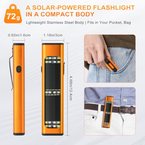Solar/Rechargeable Flat Flashlights, 900 Lumens EDC Tactical Flashlight, Multi Function LED Small Flashlight, 7 Modes IP65 Waterproof for Home, Camping,and Emergency Use (Orange) - color: Orange