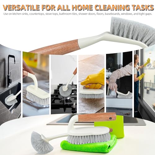 5-Pack Heavy Duty Scrub Brushes Set with Wooden Handles, Multi-Surface Scrubber for Kitchen, Bathroom, Tile & Grout, Includes Spherical, Triangle, Square & Dish Brush for Stubborn Stains