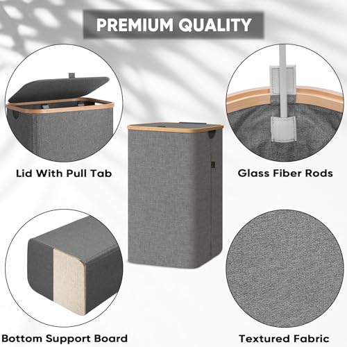 BALEINE Laundry Hamper with Lid, Tall Laundry Baskets with Bamboo Pull Handles, Large Laundry Bin with Internal Support (26 Gal/100L, Grey) - color: Grey, size: 100 liters