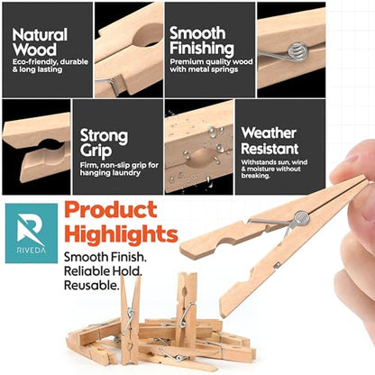RIVEDA 50pcs Wooden Clothes Pins with Storage Bag, 2.9 Inch Natural Wood Clothespins, Strong Grip Laundry Clips for Clothesline, Hanging Clothes, Crafts & Home Use - color: Wood