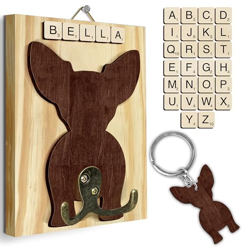 Chihuahua Dog Leash Holder Wall Mount with Scrabble Letters, Wooden Dog Wall Hook Organizer, Pet Collar and Harness Holder for Entryway, Key Hook and Leash Rack, Pet Lovers Gift Home Decor PF297-25 - color: Chihuahua, size: 7.8″ x 5.5"