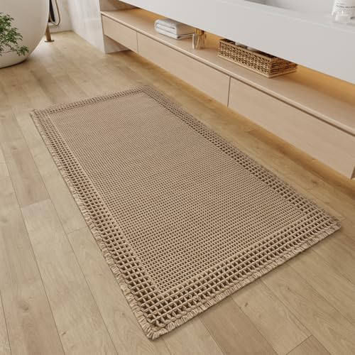 RESARE Waffle Bathroom Runner Rugs, Super Absorbent Bath Mat Non Slip Washable Quick Dry, Upgraded Ultra Soft Boho Bath Rugs with Tassels, Farmhouse Home Decor Accessories, 2'x4'(24"x48") Brown - color: Brown, size: 2' X 4'