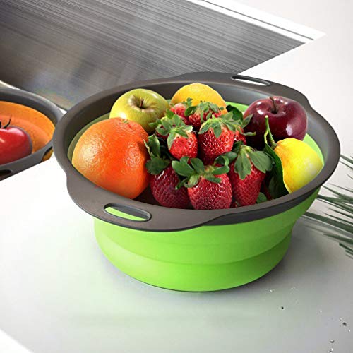 QiMH Collapsible Colander Set of 3-2 PC 4 Quart and 1 PC 6 Quart Over the Sink Colander - Food-Grade Sturdy Plastic Base - Round Space-save Silicone Kitchen Foldable Food Strainer - color: blue,orange,green