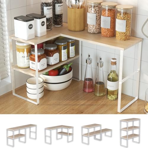 Golener Countertop Organizer Corner Shelf, 2 Tier Adjustable Stackable Corner Shelves for Kitchen, Bathroom, Spice Rack, Coffee Bar, Over Sink, Dresser Table, Corner Counter Shelf Stand, Natural Beige - color: Natural Beige, size: Large Modern
