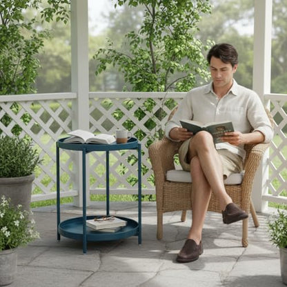 danpinera 2-Tier End Table, Outdoor Side Table Metal Round Side Table with Removable Tray, Small Accent Table, Anti-Rust Nightstand for Bedroom Balcony Patio Living Room (Navy Blue) - color: Navy Blue