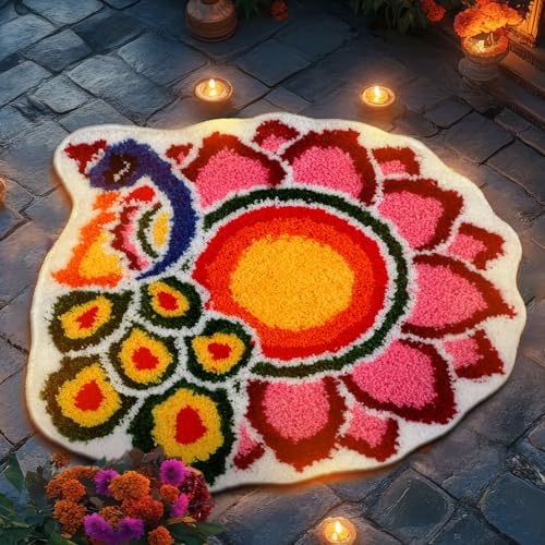 Drydiet 20 Inch Diwali Rangoli Mat Decorations Indian Diwali Door Mat for Home Peacock and Petals Decoration Non Slip Washable Rug for Indian Traditional Pooja New Year Entrance Gift - style: Rangoli