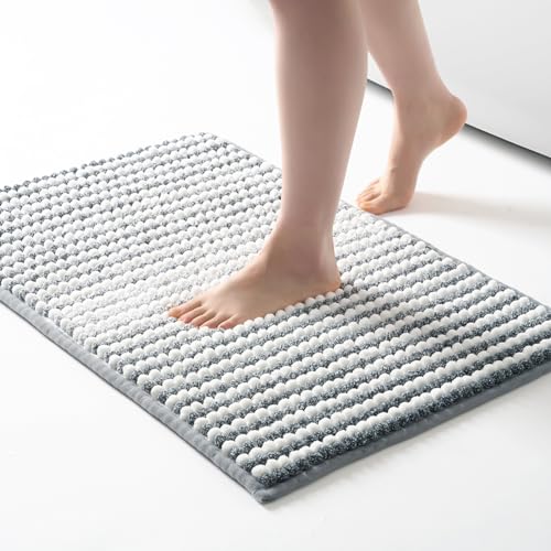 FRESHMINT Chunky Ombre Chenille Bathroom Rug 20"x32", Water Absorbent Soft Bath Rugs for Bathroom Floor, Thick Non Slip Cute Bath Mat Washable Quick Dry Shower Mats, Gray and White - color: Gray+white, size: 32" x 20" (Rectangular)