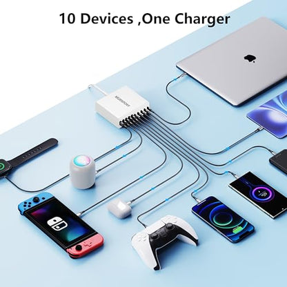 USB C Charger Block, 10-Port USB C Charging Station GaN III PD 65W Laptop Fast Charger Adapter for MacBook Pro/Air, DELL, iPad, iPhone, Samsung Galaxy White - color: White